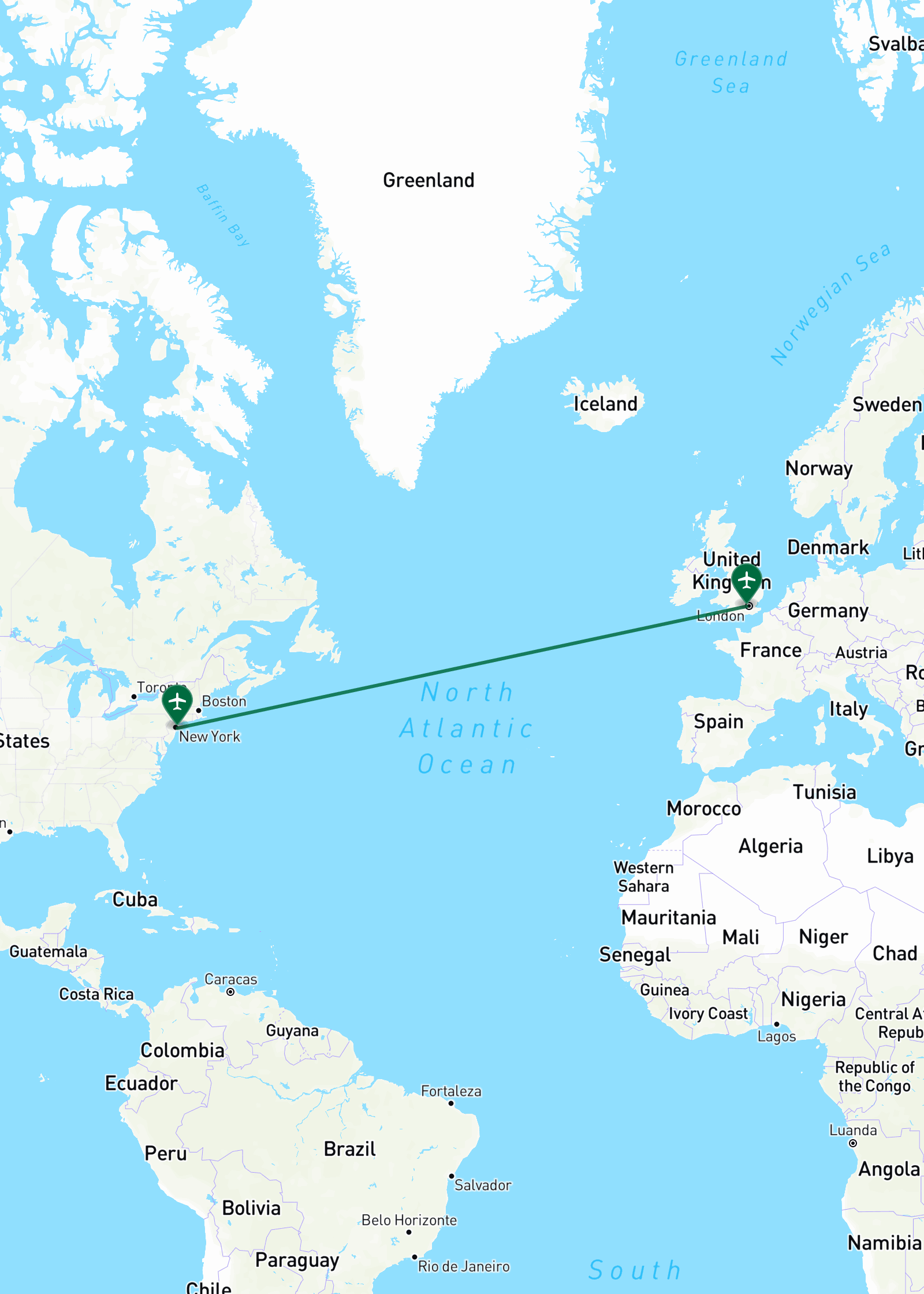Map showing the flight route from New York (JFK) to London (LHR)