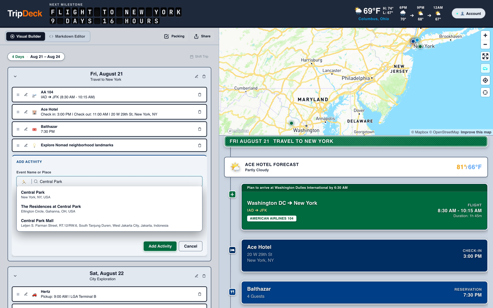 Visual Builder inline Add Event form with place search and category selection