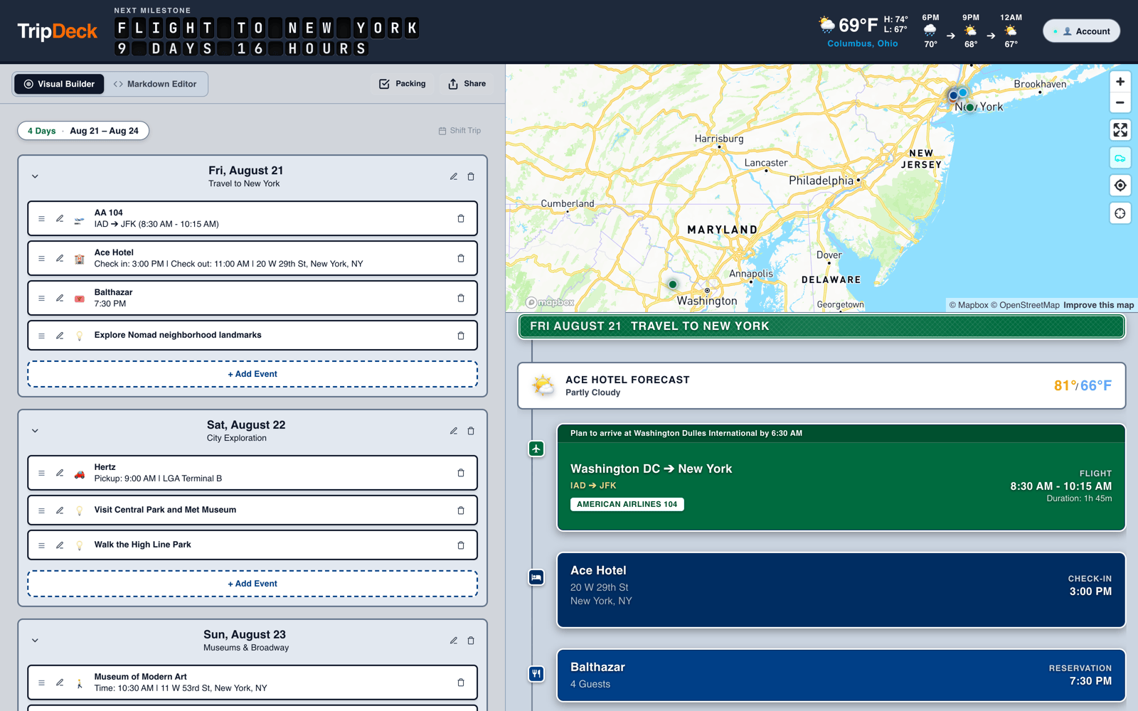 TripDeck timeline, map, and weather view showing a New York trip