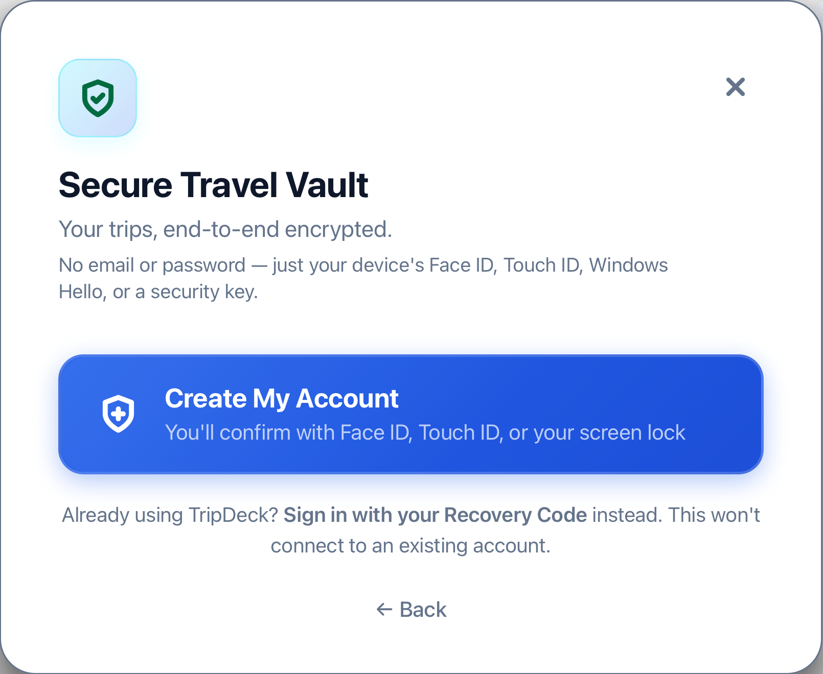 Create My Account confirmation screen before the passkey prompt