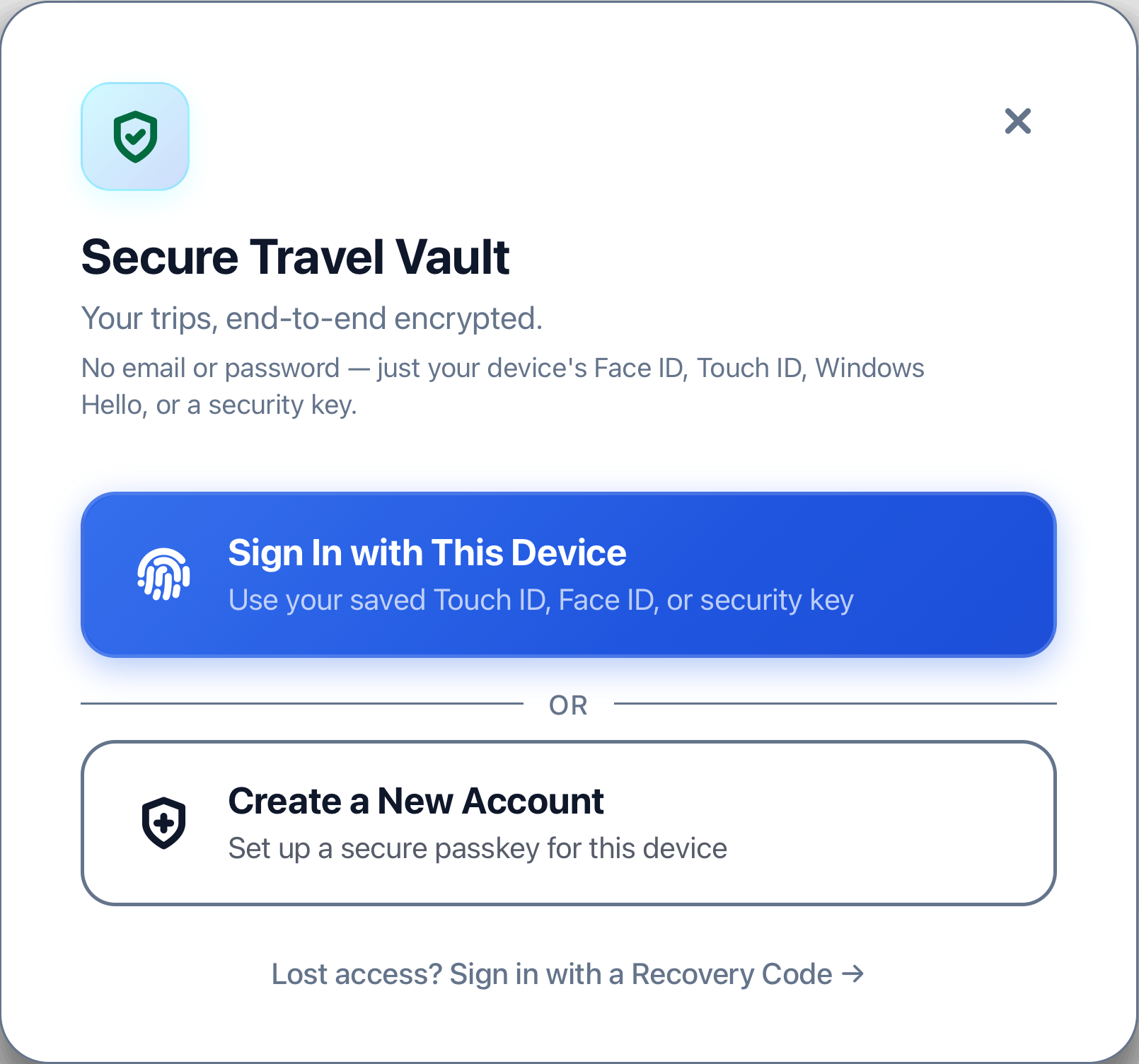 Secure Travel Vault sign-in dialog with Sign In and Create a New Account options