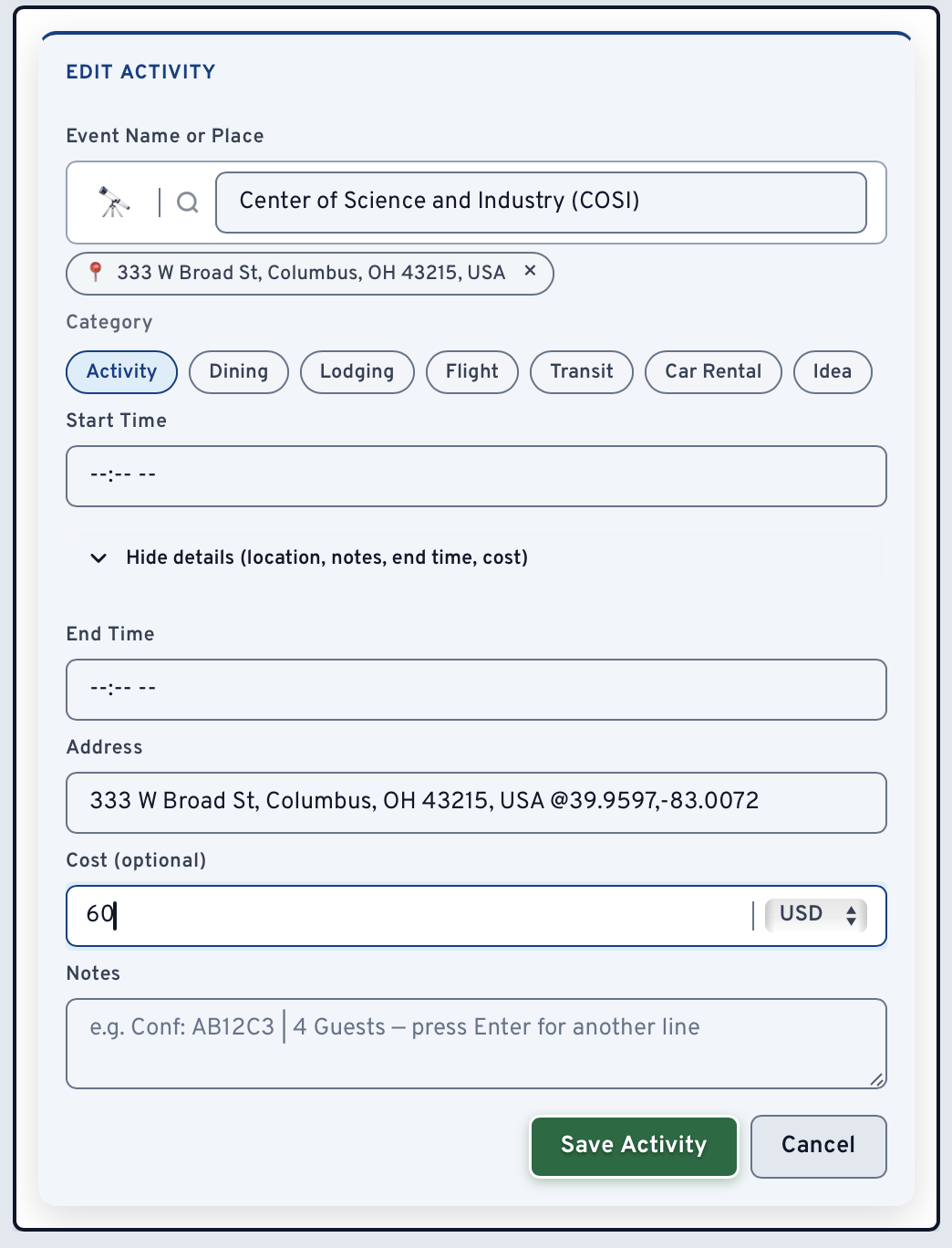 Add Event With Cost