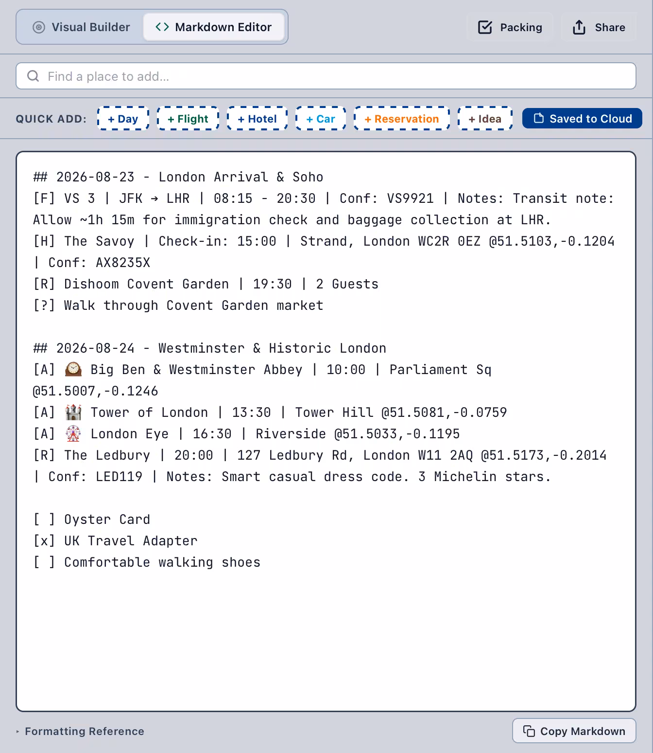 TripDeck text editor