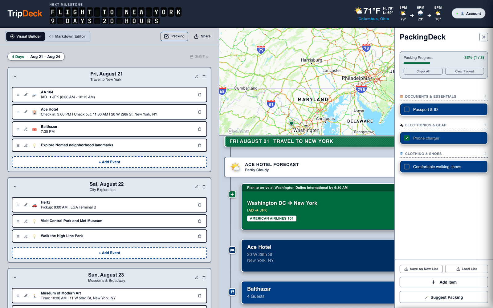 Packing List checklist overlay with progress bar and categorized items